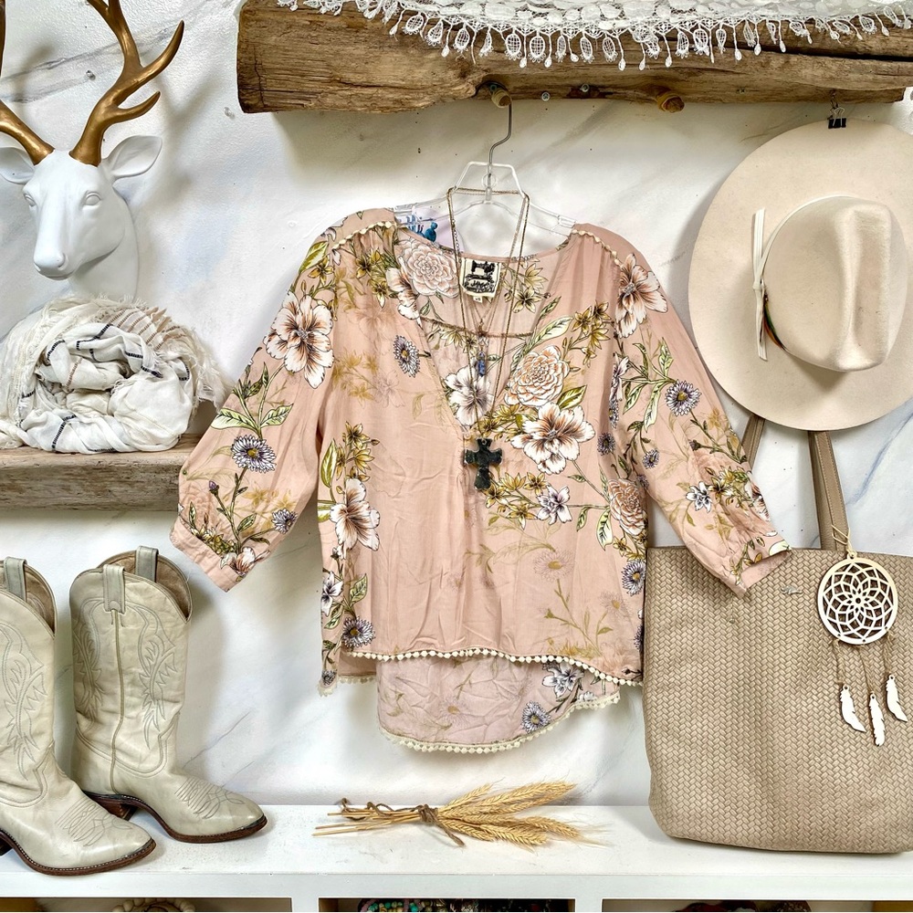 Anthropologie Floral Blouse in Pink and Cream